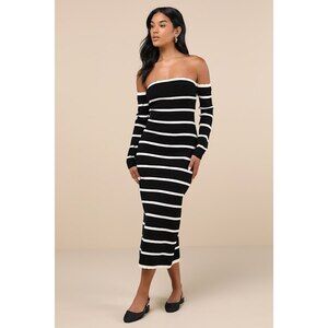 Lulus Chicest Side Black Striped Off-the-shoulder Midi Sweater Dress - Size L